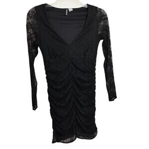 4821)H&M Divided Black Long Sleeve Lace Ruched Goth Mini Dress Small